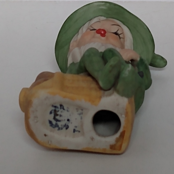 Vintage Ceramic Leprechaun Pixie Elf in Green Figurine Sitting on Barrel - Picture 8 of 9
